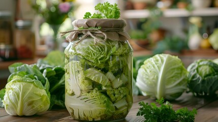 Wall Mural - Pickled savoy cabbage placed in a jar shows picture