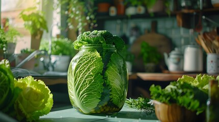 Poster - Pickled savoy cabbage placed in a jar shows