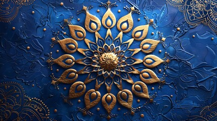 Wall Mural - Intricate golden mandala design on a regal blue background, symbolizing spirituality and festivity during Ramadan.