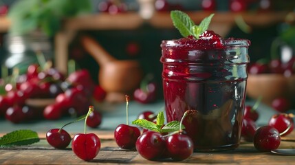 Wall Mural - Cherry confiture poured into a glass jar image