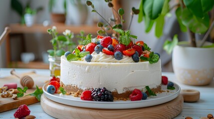 Wall Mural - Cream cheesecake decorated with fresh berries and whipped image