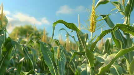 Wall Mural - Corn green stalks of corn with large yellow picture