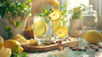 Wall Mural - Natural lemonade poured into glass glasses and decorat