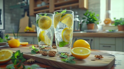 Wall Mural - Natural lemonade poured into glass glasses and decorat picture