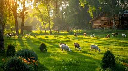 Wall Mural - Green lawn with grazing goats surrounded by bushes image