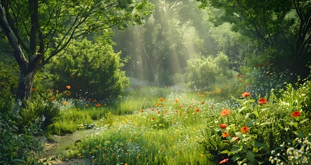 Sticker - Beautiful meadow after mowing surrounded by tall trees image