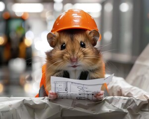 Wall Mural - A hamster wearing a hard hat and safety vest reviews blueprints. AI.