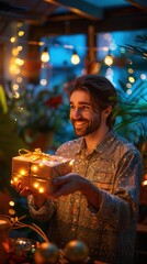 Sticker - A man smiles as he holds a gift wrapped in brown paper with lights. AI.