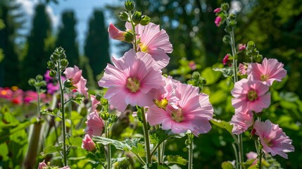 Sticker - Pink mallow blooms in the garden its tall picture