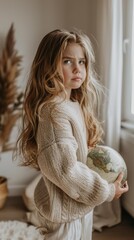 Wall Mural - A young girl holding a globe in her hands. AI.