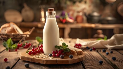 Wall Mural - Fresh milk poured into a glass bottle standing picture