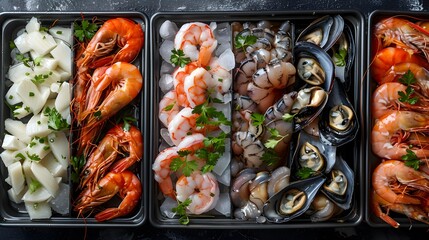 Wall Mural - Seafood is laid out on baking sheets img