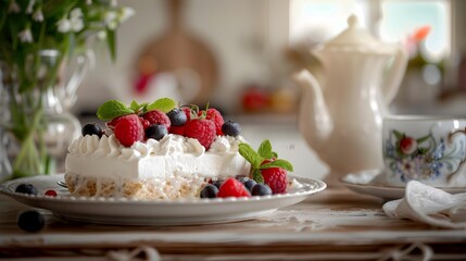 Wall Mural - Vanilla nougat garnished with fresh berries and mint image