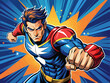 © Anastasia - Pop art comic book style super hero punching with male superhero costume poster design