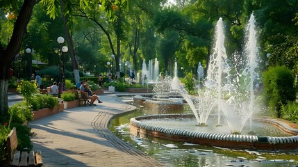 Wall Mural - A park with fountains and water attractions image