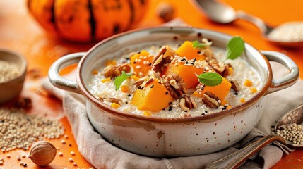 Canvas Print - Delicious Autumn-Inspired Pumpkin Quinoa Porridge with Nut Toppings on Rustic Table