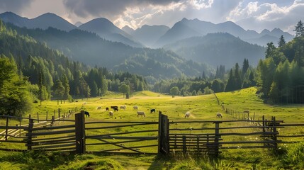 Wall Mural - Pasture well-groomed surrounded by forests