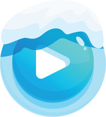 Poster - Blue and white play button covered with snow symbolizing winter holidays video streaming