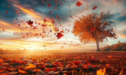 Autumn landscape with vibrant, colorful leaves falling from a tree at sunset. Perfect for seasonal designs, highlighting fall foliage and nature's beauty.