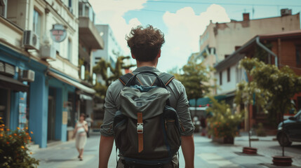 man with backpack on touring the city 