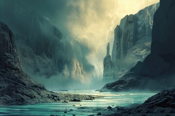 Mystical river flowing through a majestic canyon landscape with stormy sky