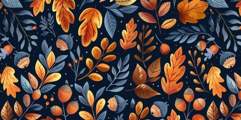 Seamless autumn floral pattern featuring colorful leaves, acorns, and plants on a dark background. Perfect for seasonal design and decor projects.