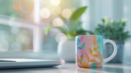 Sticker - Colorful Mug with Leaf Design Sitting on Desk in Sunlit Room with Plants and Bokeh Background