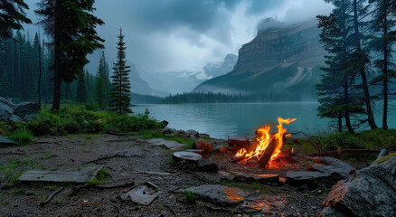 Poster - A campfire is lit on the shore of a lake, with mountains and clouds in the background