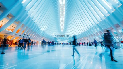 Poster - Futuristic Interior of Public Space with Modern Design and Blurred Motion of People