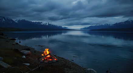 Wall Mural - A campfire is lit on the shore of a lake, with mountains and clouds in the background