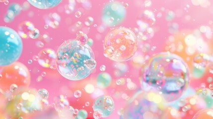 Poster - Vibrant bubbles drift gently, reflecting light and creating a joyful atmosphere on a pink backdrop