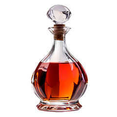 An ornate crystal decanter filled with amber liquor rests on a polished wooden surface, illuminated by soft lighting, highlighting its elegant design and rich color