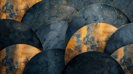 Poster - Dynamic gold and dark geometric pattern featuring circular shapes with contrasting textures and intricate details for artistic expression