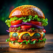 © webechdigital - Mexican Cheeseburger with beef, lettuce, tomato, cheese, cucumber with beautiful background