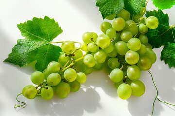 A bunch of green grapes with leaves on a white surface