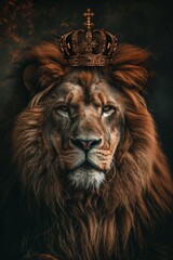 Poster - Majestic lion wearing a crown against a dark background