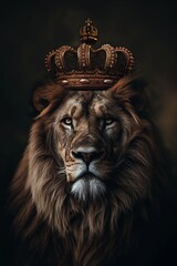 Poster - Majestic lion wearing a crown against a dark background