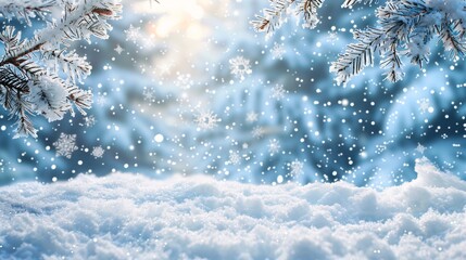 Wall Mural - Winter wonderland Christmas background with snowflakes, creating a serene atmosphere and room for text messages and seasonal wishes.