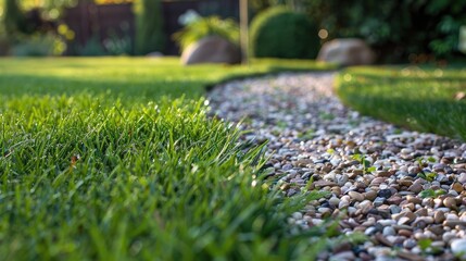 Reseeded lawn with new grass and pebble mixture