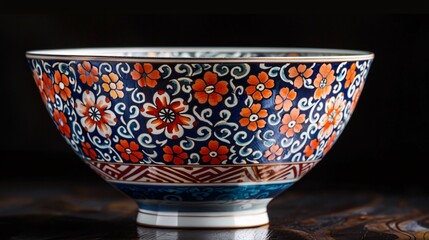 Elegant composition featuring a Japanese antique Imari ware rice bowl against a soft-focus black background, perfect for showcasing cultural heritage