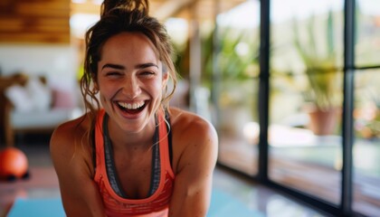 Canvas Print - A woman laughs joyfully during a workout. AI.