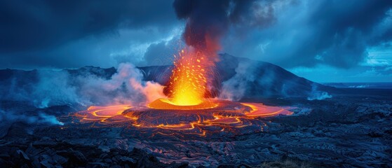 Poster - A volcanic eruption with glowing lava flowing down the side of the mountain. AI.