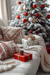 Poster - A cozy couch with presents under a Christmas tree. AI.