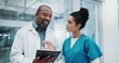 © peopleimages.com - Surgeon, results or doctors with tablet, planning or people reading health treatment in hospital. Meeting, teamwork or online medical advice on clinic app for web consultation or diagnosis research