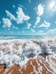 Sticker - Foamy waves crashing on the sandy beach under a bright blue sky. AI.