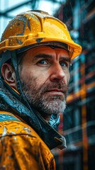 Poster - A construction worker in a yellow hard hat looks intently at something out of frame. AI.