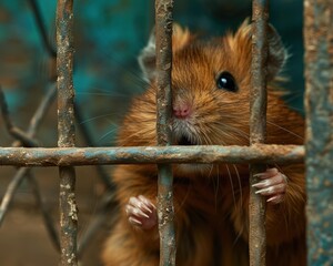 Wall Mural - A small rodent looks out from behind a cage. AI.