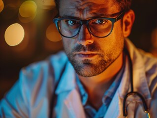 Wall Mural - A focused doctor wearing glasses and a lab coat. AI.