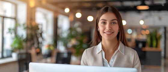 Canvas Print - A smiling woman in a professional setting. AI.