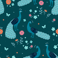 Wall Mural - Seamless pattern with peacocks and flowers. Vector graphics.